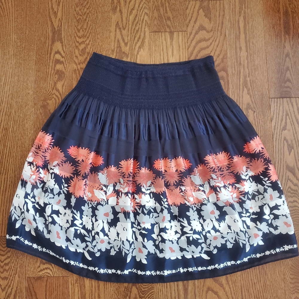 Max Studio Navy and Coral Floral Midi Skirt
